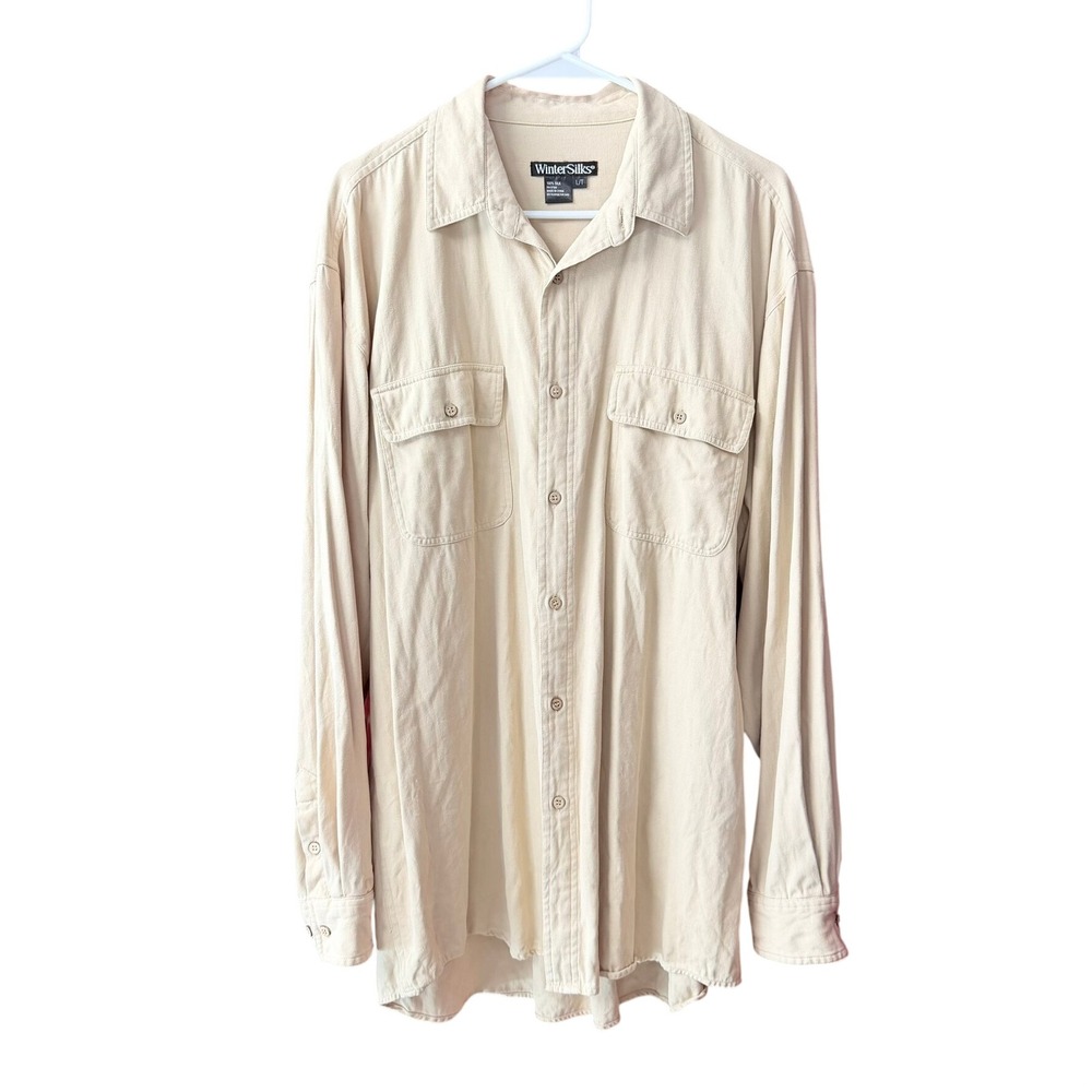 WinterSilks Mens 100% Silk Herringbone Button Down Shirt Tan Khaki Large Tall LT